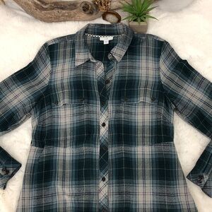 J. Jill Blue Gray Plaid Button Down Shirt Maxi Dress Duster